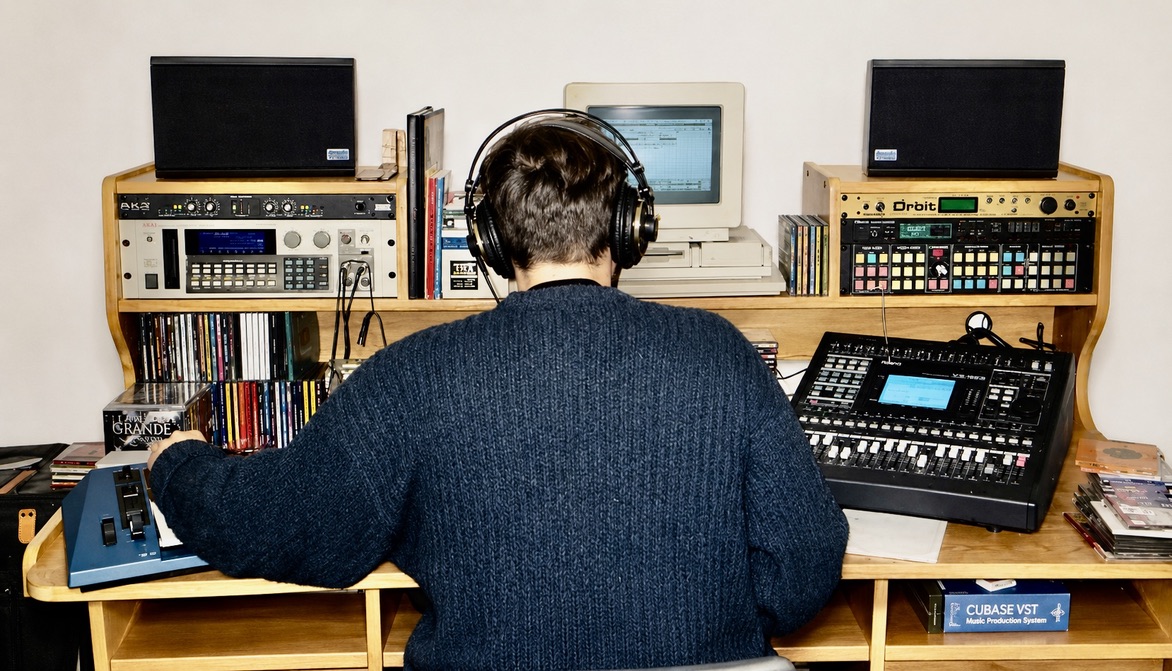Phil Rodriguez working in his electronic music studio in 1998